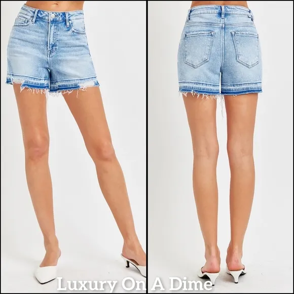 RISEN Cut-off Frayed High Rise Waist Distressed Blue Denim Mid-length Jean Short