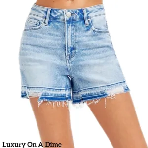 RISEN Cut-off Frayed High Rise Waist Distressed Blue Denim Mid-length Jean Short