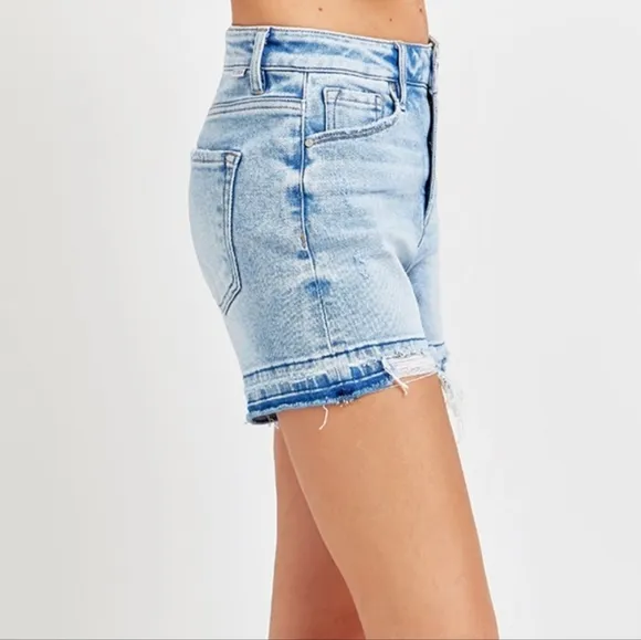 RISEN Cut-off Frayed High Rise Waist Distressed Blue Denim Mid-length Jean Short