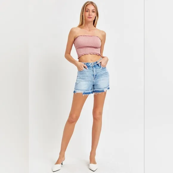 RISEN Cut-off Frayed High Rise Waist Distressed Blue Denim Mid-length Jean Short
