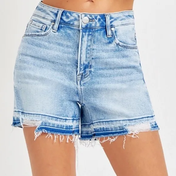 RISEN Cut-off Frayed High Rise Waist Distressed Blue Denim Mid-length Jean Short