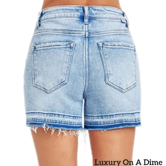 RISEN Cut-off Frayed High Rise Waist Distressed Blue Denim Mid-length Jean Short