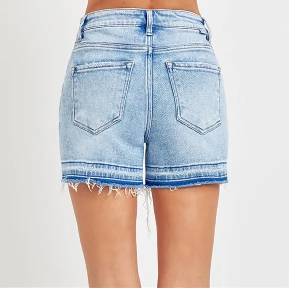 RISEN Cut-off Frayed High Rise Waist Distressed Blue Denim Mid-length Jean Short