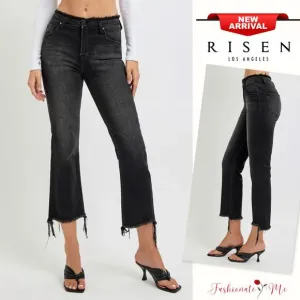 RISEN High Rise Waist Raw Hem Zipper Fly Black Washed Cropped Flare Jeans