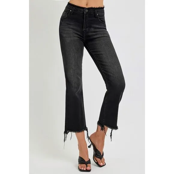 RISEN High Rise Waist Raw Hem Zipper Fly Black Washed Cropped Flare Jeans