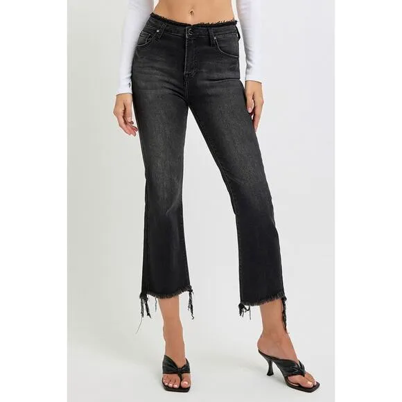 RISEN High Rise Waist Raw Hem Zipper Fly Black Washed Cropped Flare Jeans