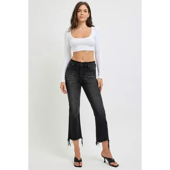 RISEN High Rise Waist Raw Hem Zipper Fly Black Washed Cropped Flare Jeans