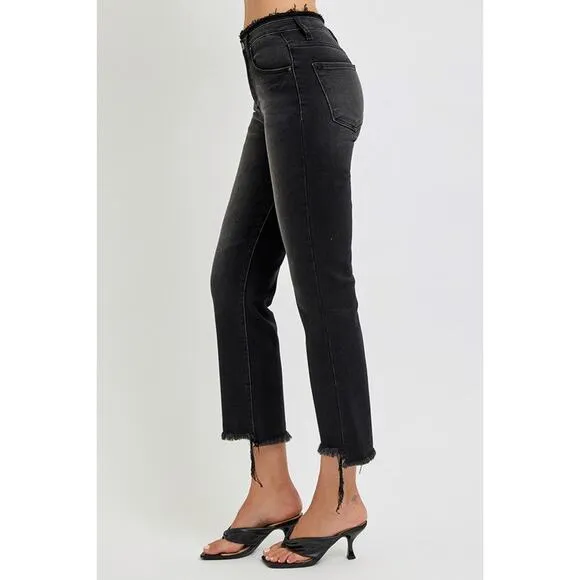 RISEN High Rise Waist Raw Hem Zipper Fly Black Washed Cropped Flare Jeans