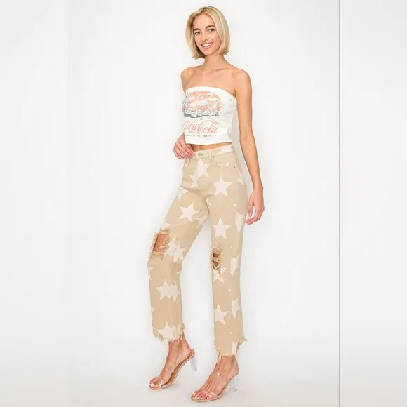 RISEN Star High-Rise Distressed Torn Hole Boyfriend Jeans Cropped Denim Pants