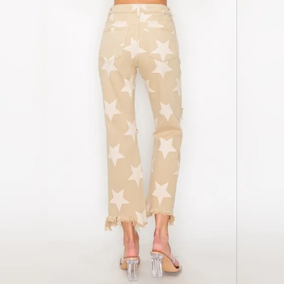 RISEN Star High-Rise Distressed Torn Hole Boyfriend Jeans Cropped Denim Pants