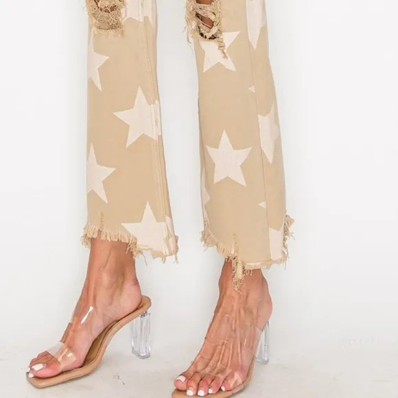 RISEN Star High-Rise Distressed Torn Hole Boyfriend Jeans Cropped Denim Pants