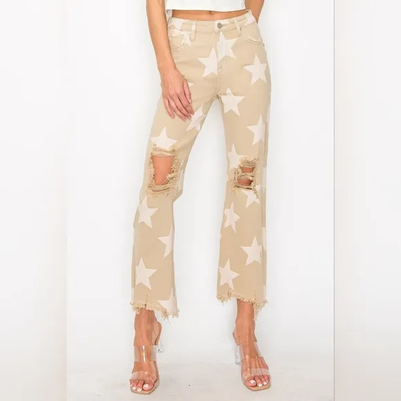 RISEN Star High-Rise Distressed Torn Hole Boyfriend Jeans Cropped Denim Pants