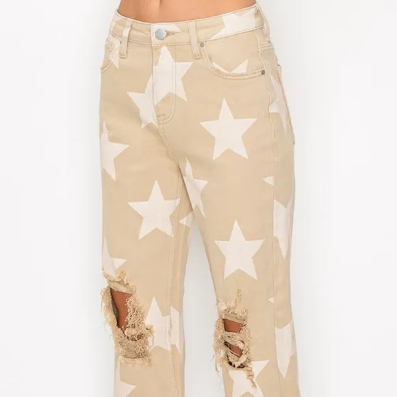 RISEN Star High-Rise Distressed Torn Hole Boyfriend Jeans Cropped Denim Pants