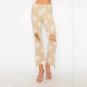RISEN Star High-Rise Distressed Torn Hole Boyfriend Jeans Cropped Denim Pants