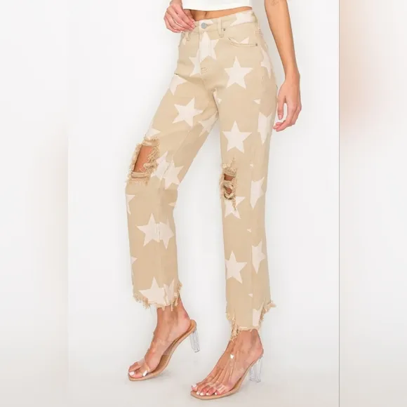 RISEN Star High-Rise Distressed Torn Hole Boyfriend Jeans Cropped Denim Pants