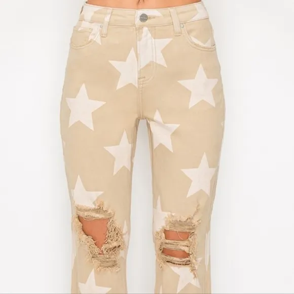 RISEN Star High-Rise Distressed Torn Hole Boyfriend Jeans Cropped Denim Pants