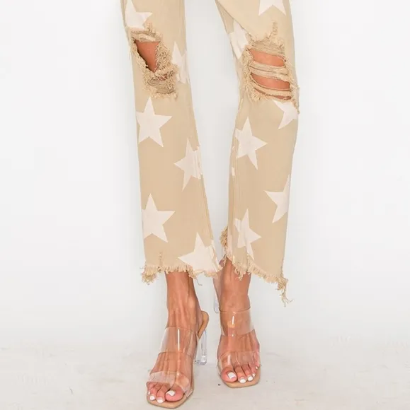 RISEN Star High-Rise Distressed Torn Hole Boyfriend Jeans Cropped Denim Pants