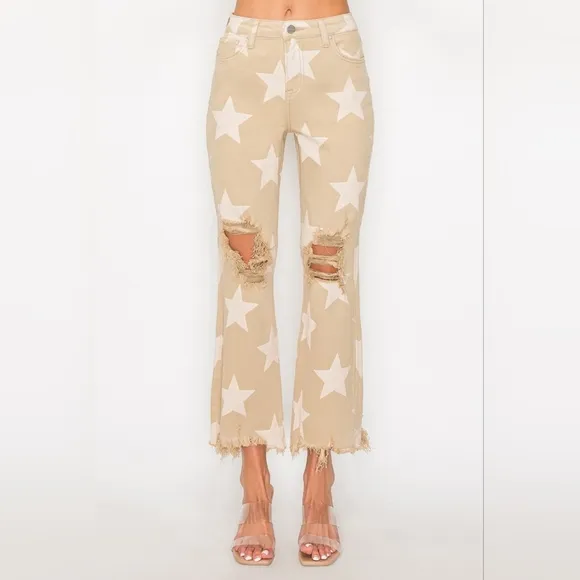 RISEN Star High-Rise Distressed Torn Hole Boyfriend Jeans Cropped Denim Pants