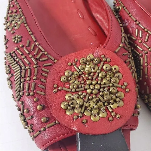 Robert Zur Beaded Red Leather Sandal Slides Open Toe Shoes Size 7 Womens Couture