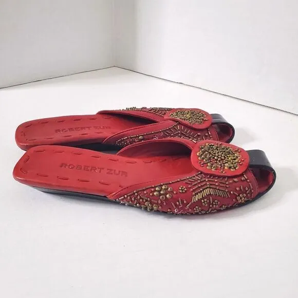Robert Zur Beaded Red Leather Sandal Slides Open Toe Shoes Size 7 Womens Couture