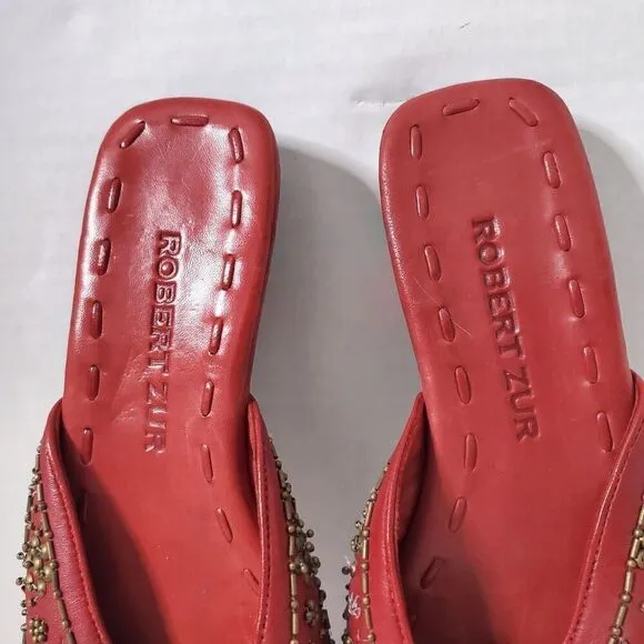 Robert Zur Beaded Red Leather Sandal Slides Open Toe Shoes Size 7 Womens Couture