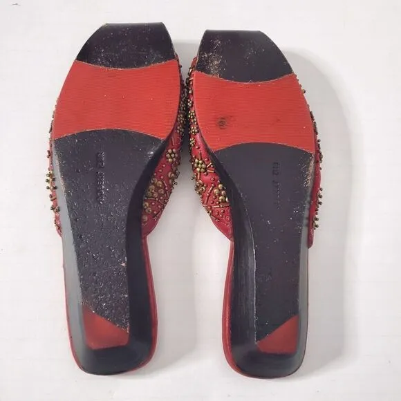 Robert Zur Beaded Red Leather Sandal Slides Open Toe Shoes Size 7 Womens Couture