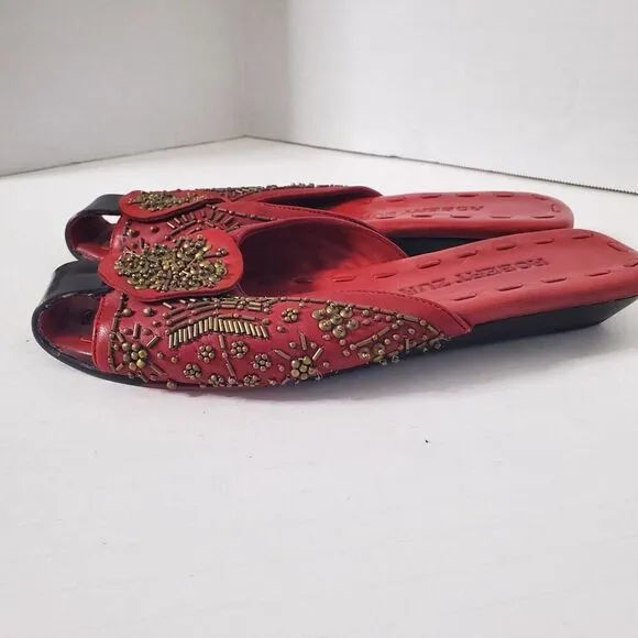 Robert Zur Beaded Red Leather Sandal Slides Open Toe Shoes Size 7 Womens Couture
