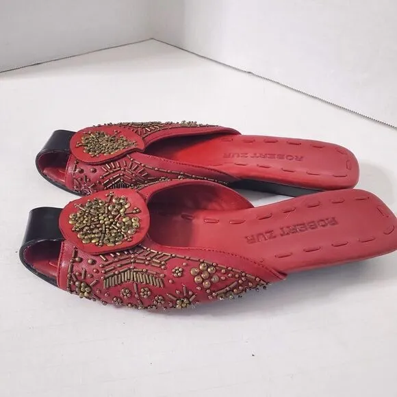 Robert Zur Beaded Red Leather Sandal Slides Open Toe Shoes Size 7 Womens Couture