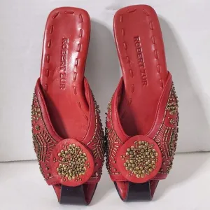 Robert Zur Beaded Red Leather Sandal Slides Open Toe Shoes Size 7 Womens Couture