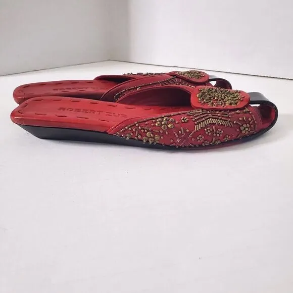 Robert Zur Beaded Red Leather Sandal Slides Open Toe Shoes Size 7 Womens Couture