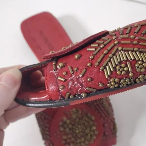 Robert Zur Beaded Red Leather Sandal Slides Open Toe Shoes Size 7 Womens Couture