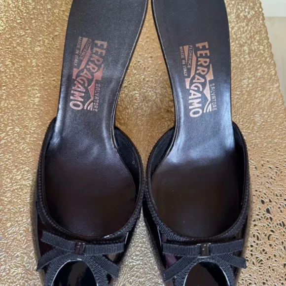 Salvatore Ferragamo Black Patent Calf Leather Slides Shoes size 8 1/2
