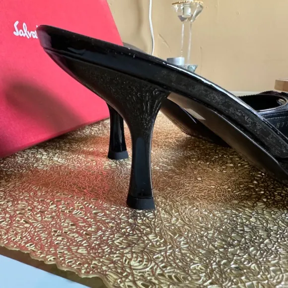 Salvatore Ferragamo Black Patent Calf Leather Slides Shoes size 8 1/2