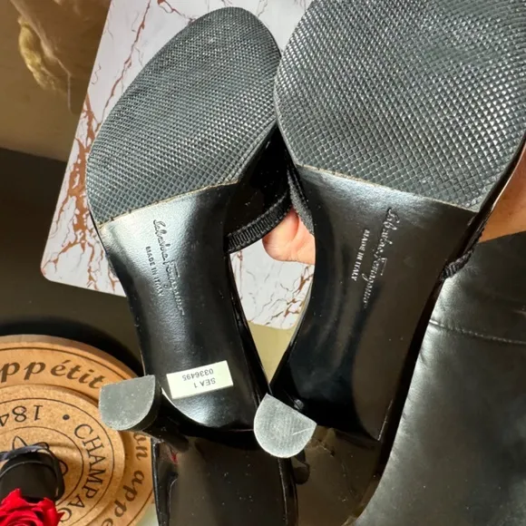 Salvatore Ferragamo Black Patent Calf Leather Slides Shoes size 8 1/2