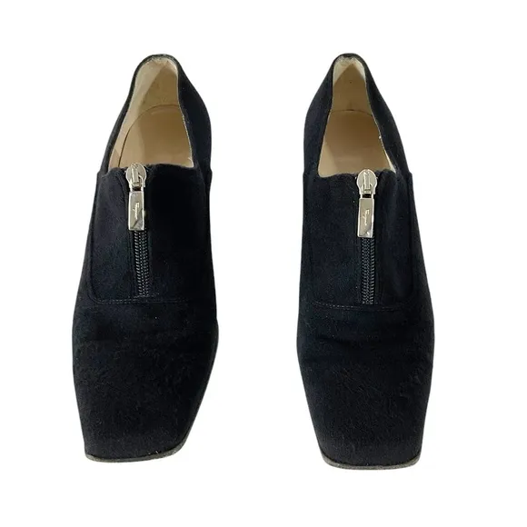 Salvatore Ferragamo Black Pony Hair Square Toe Block Heels Size 9 Made in Italy