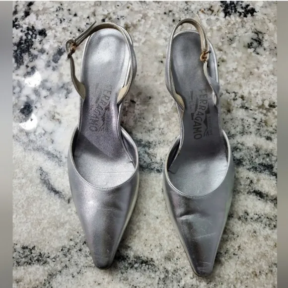 Salvatore Ferragamo Metallic Silver Heels. Preloved Condition!