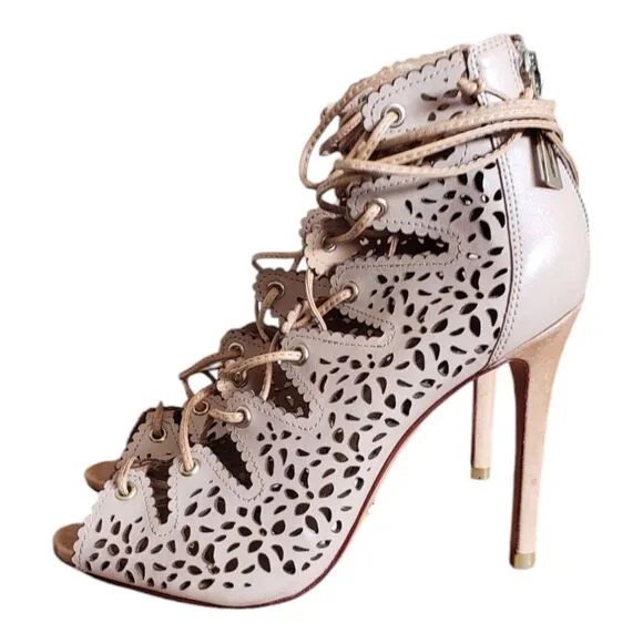 Schultz Sandalia Salto Alto Atanado Beige Leather High Heel Shoes Womens Size 6B