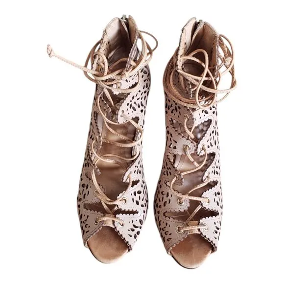 Schultz Sandalia Salto Alto Atanado Beige Leather High Heel Shoes Womens Size 6B