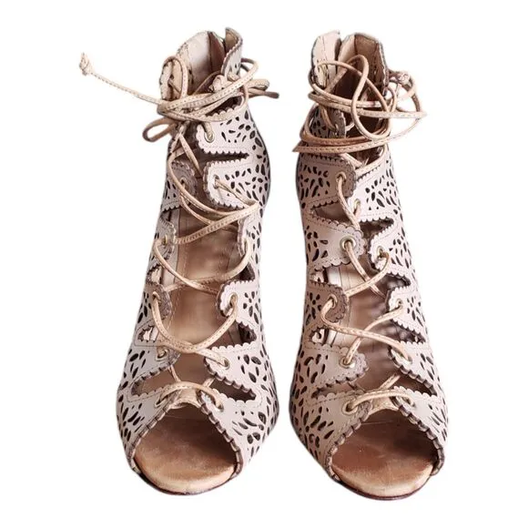 Schultz Sandalia Salto Alto Atanado Beige Leather High Heel Shoes Womens Size 6B