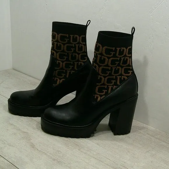 Sexy Guess Black Platform Heeled Ankle Booties Knit Strech Lug Sole   Sz 9.5