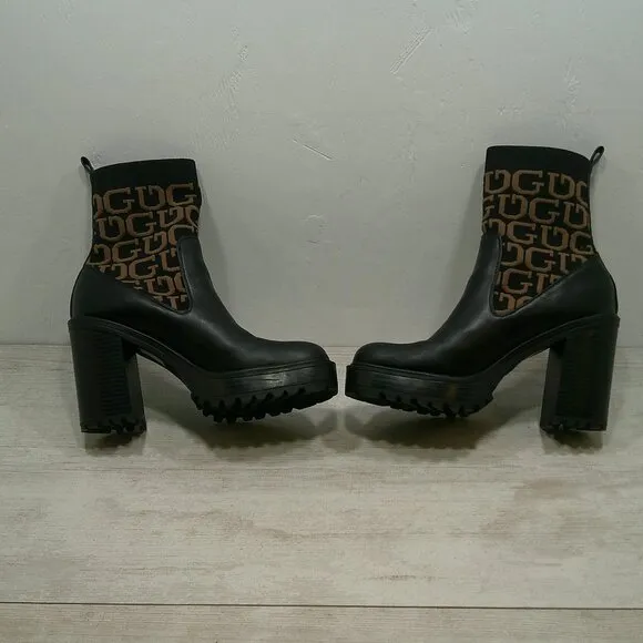 Sexy Guess Black Platform Heeled Ankle Booties Knit Strech Lug Sole   Sz 9.5