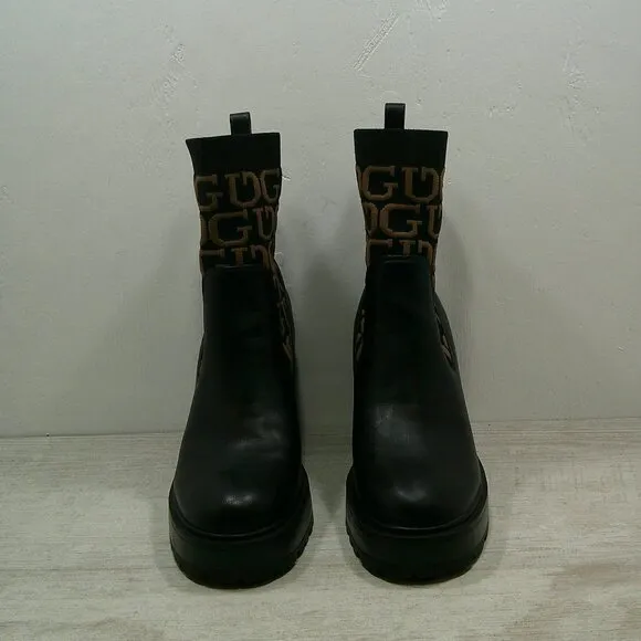 Sexy Guess Black Platform Heeled Ankle Booties Knit Strech Lug Sole   Sz 9.5