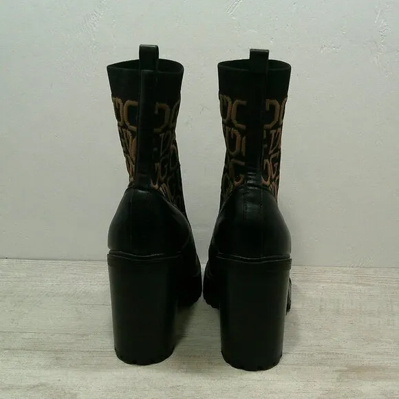 Sexy Guess Black Platform Heeled Ankle Booties Knit Strech Lug Sole   Sz 9.5