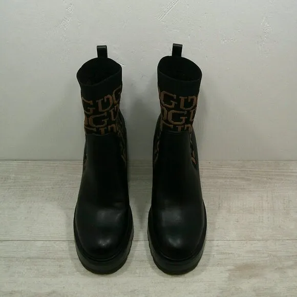 Sexy Guess Black Platform Heeled Ankle Booties Knit Strech Lug Sole   Sz 9.5