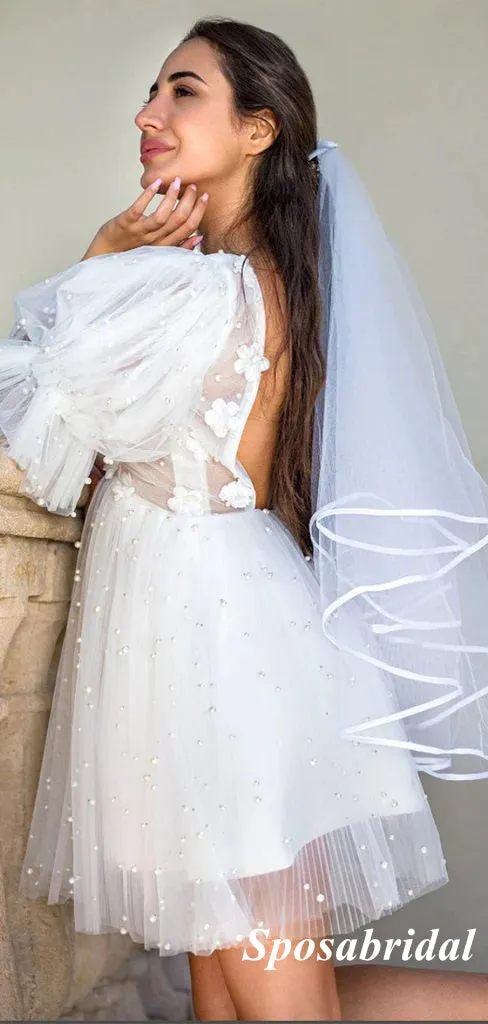 Sexy Tulle V-Neck Half Sleeves Backless A-Line Beach Short Wedding Dresses With Appliques, WD3101