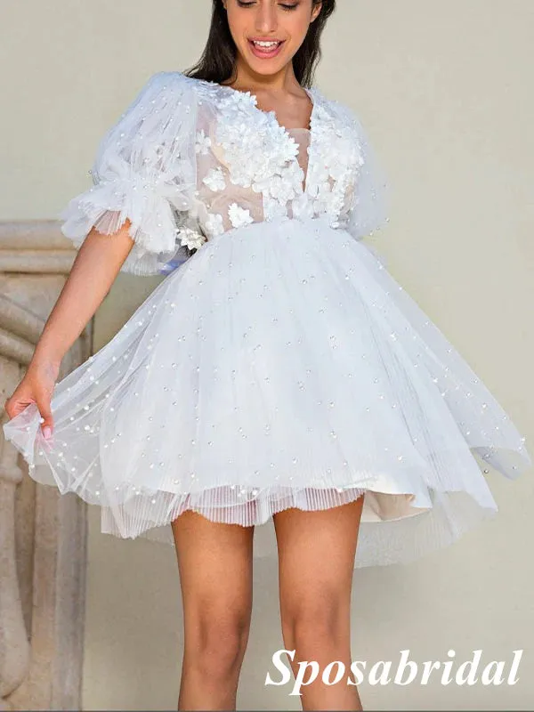 Sexy Tulle V-Neck Half Sleeves Backless A-Line Beach Short Wedding Dresses With Appliques, WD3101