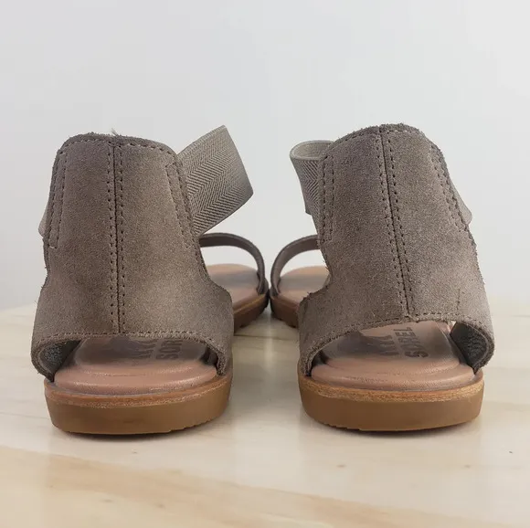 Sorel Ella II Sandal Size 7.5 Ash Brown Metallic Flat Strappy Stretch Coastal