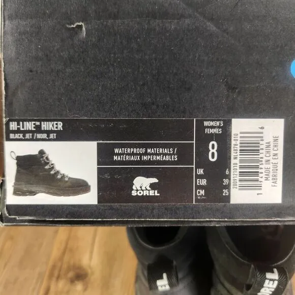 Sorel Hi-Line Hiker Womens Sz 7 Black Leater Waterproof Hiking Boots NL4878-010