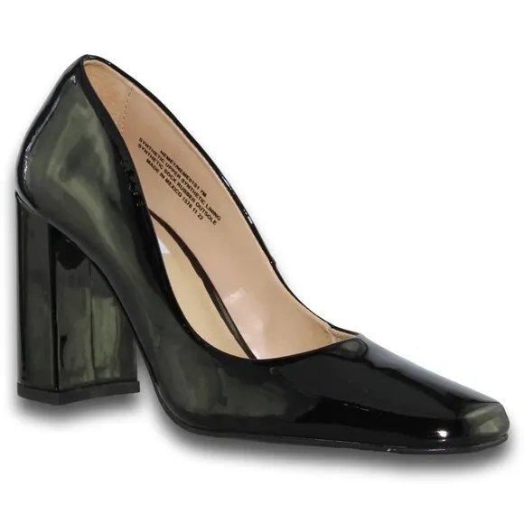 Steve Madden Black Patent Synthetic Leather Square Toe Chunky Block Heel Shoe 7M