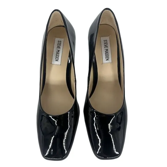 Steve Madden Black Patent Synthetic Leather Square Toe Chunky Block Heel Shoe 7M